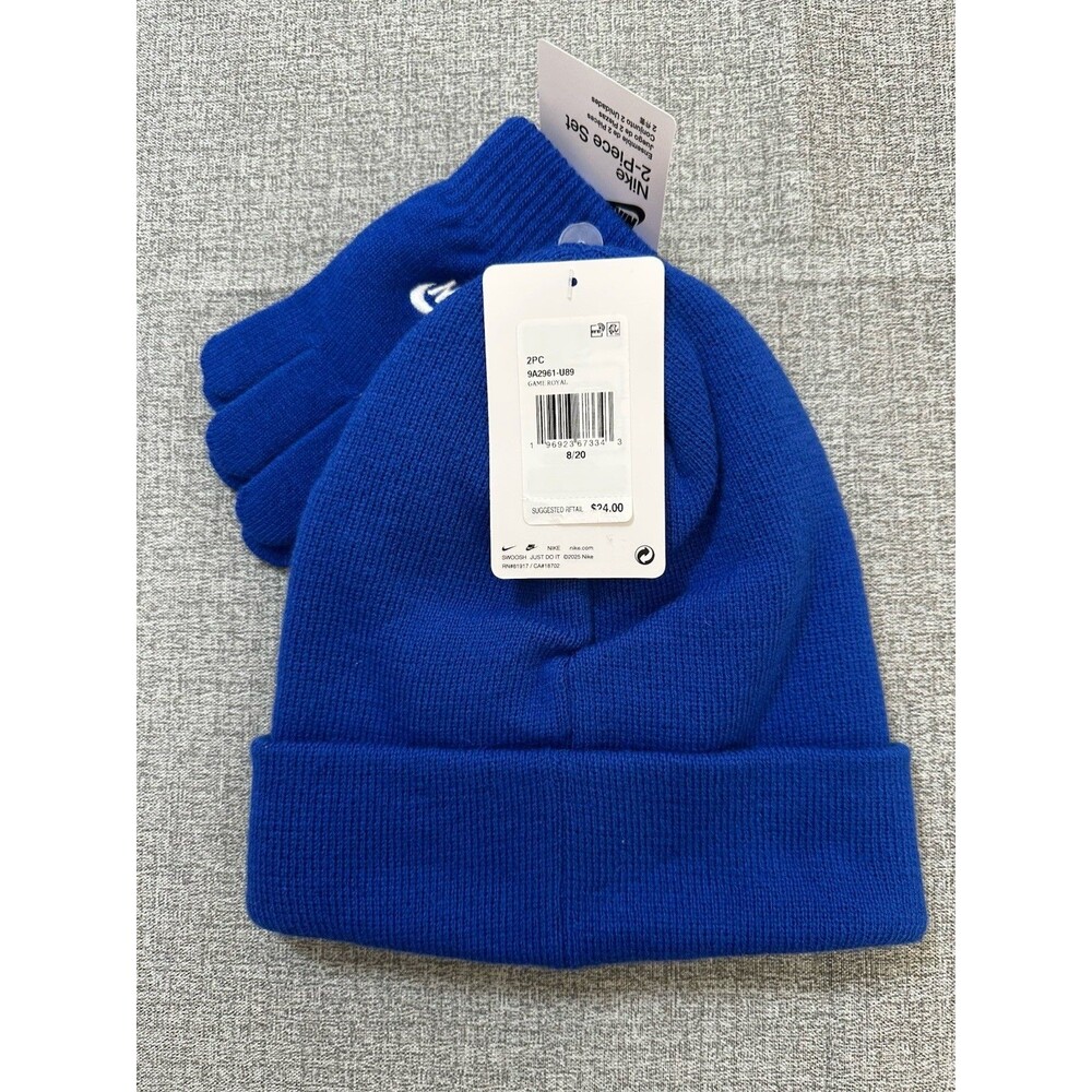 Nike Beanie & Gloves Set Kids Boys Unisex Logo Blue White Knit - Picture 3 of 4